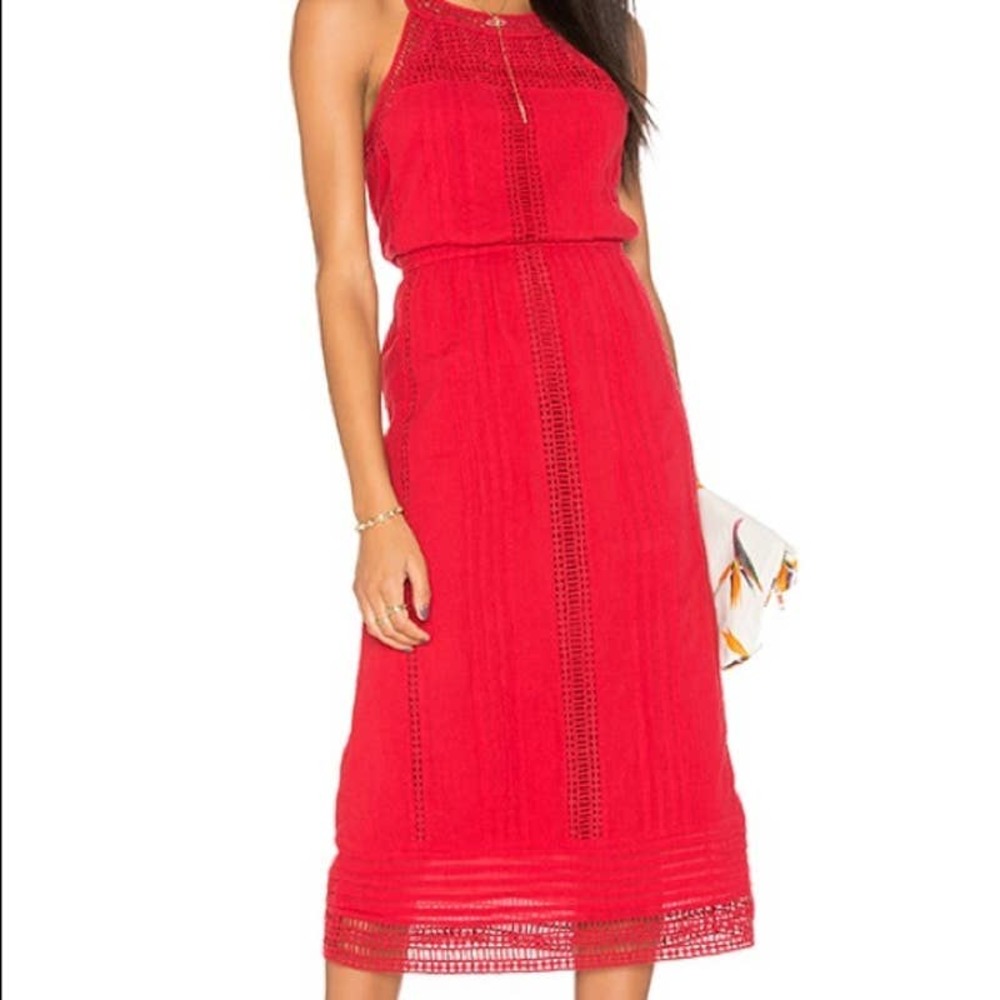 Joie Women's Medium Halter Brick Red Eyelet Pleated Midi Dress $328